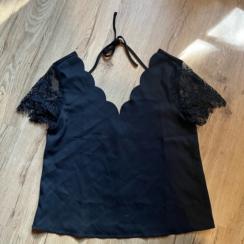 Black lace scallop trim blouse